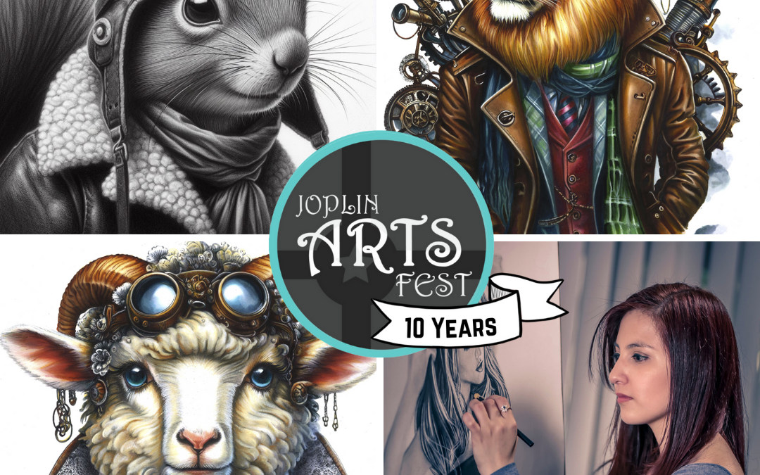 three whimsical illustrations of a squirrel,lion, and ram plus a photo of the artist working.