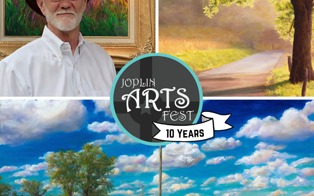 image of jeffrey schult in cowboy hat plus two of his landcape acrylic paintings