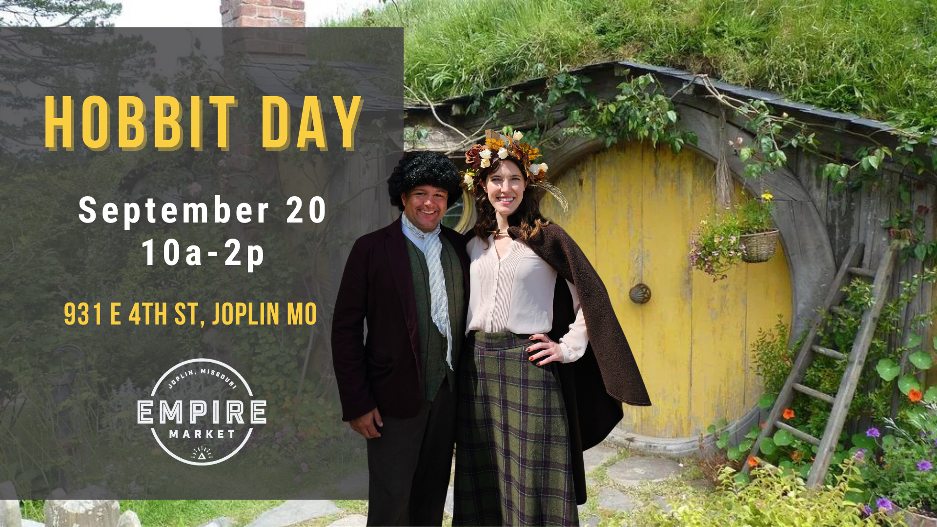 2 A photo of a man and a woman dressed like Hobbit characters in front of an image of a Hobbit house with a round yellow door.