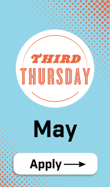 blue rectangle with third thursday logo that says May and button with "Apply" and right facing arrow