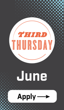 black rectangle with third thursday logo that says June and button with "Apply" and right facing arrow