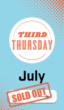 blue rectangle with third thursday logo that says July with "apply" button and right facing arrow