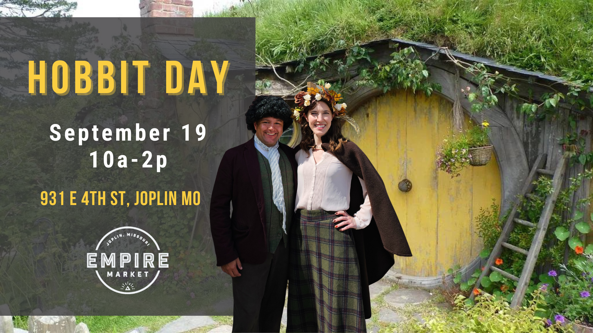 Image of a Hobbit House and a man and a woman dressed up as hobbits