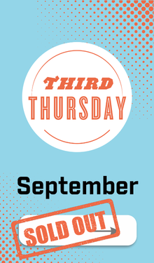 Blue rectangle with Third Thursday logo that says September with "apply" button and right facing arrow